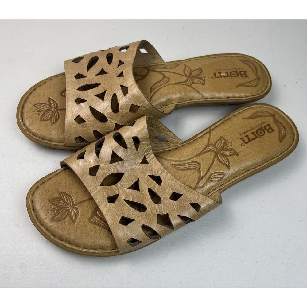 Born Handcrafted Leather Laser Cut Slide Sandals Women’s Size 7 Tan Floral Conf